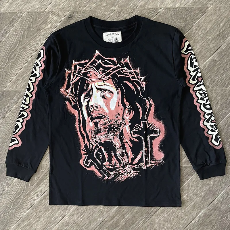 

Vertabrae Long Sleeve Tee Vintage Trendy Portrait Letter Print Versatile Long Sleeve Cotton T-Shirt