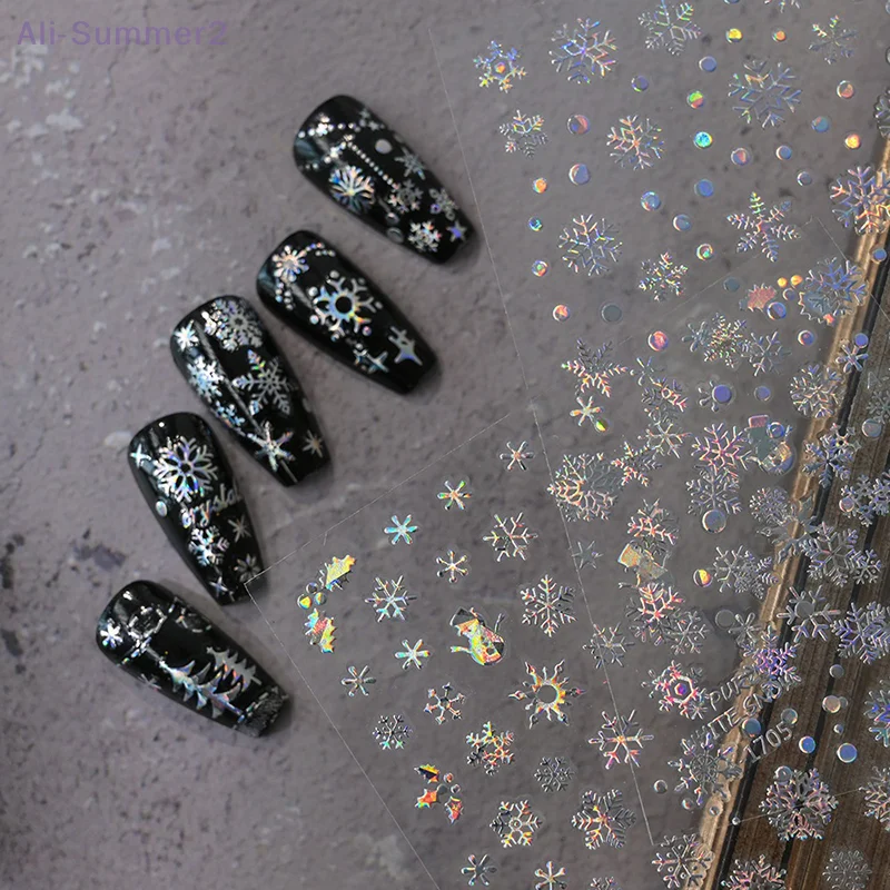 1 ورقة عيد الميلاد 5D الإغاثة الذهب الفضة مسمار ملصقات فنية الليزر ندفة الثلج ثلج شجرة عيد الميلاد مسمار ملصقات السنة الجديدة مانيكير ديكور