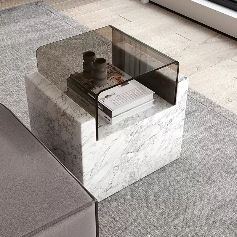 CX056DD Nordic Travertine Toughened Glass Creative Personality Wall Table Coffee Shop Designer Marble Side Table wholesale