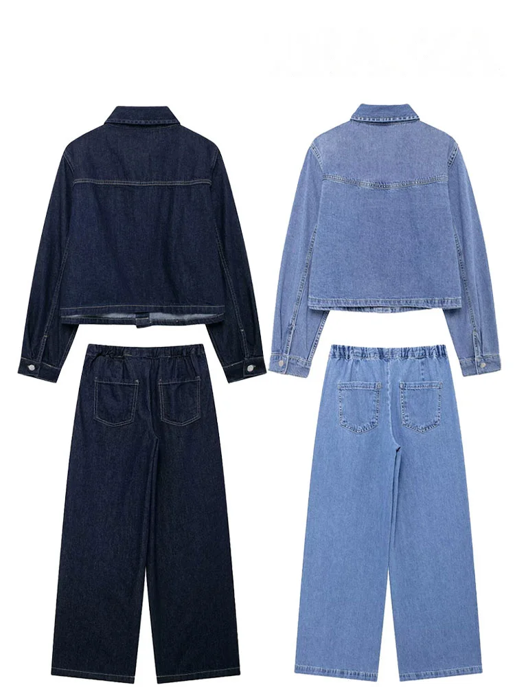 HH المرأة الخريف مجموعة الصلبة بدوره إلى أسفل طوق جيب واحدة الصدر قميص دينيم عالية الخصر الدانتيل متابعة الجينز الإناث بدلة على الموضة