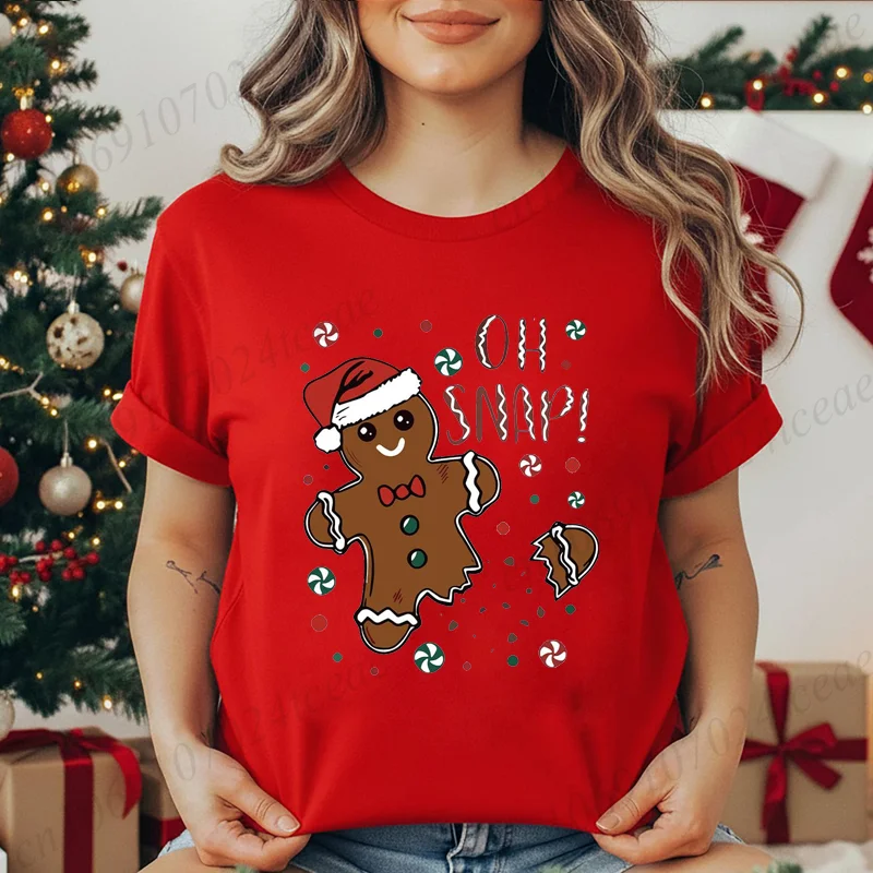 OH SNAP Print Summer T-Shirts Tops Gingerbread Christmas Design Women's Graphic T-Shirt Short Sleeve Clothing Holiday Party Tees