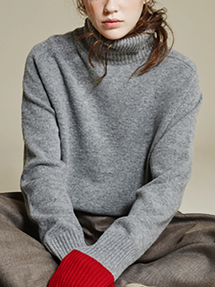Sweter Camere Thiened Wanita Ukuran Besar Kerah Tinggi Malas Sle Longgar Musim Gugur Musim Dingin Overhead Rajutan Wanita Irt