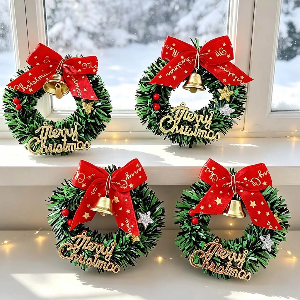 (10 Pcs/bag)6cm Christmas Mini Grass Circle Flower Wreath Gift Box Packaging Decoration Desktop Ornament Micro Landscape Pendant