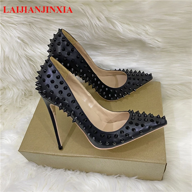 

Black Matte Women Full Punk Rivets Pointed Toe High Heels Sexy Ladies Spikes Stilettos Pumps Woman Club Party Shoes