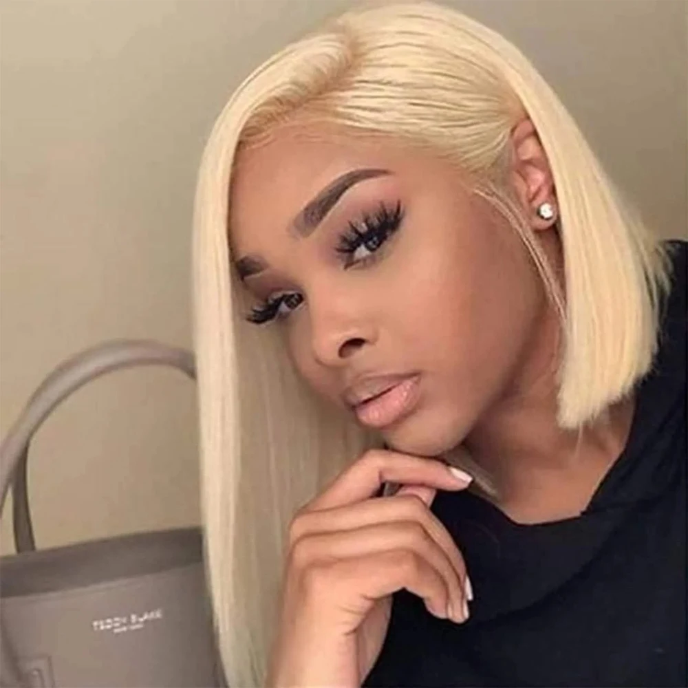 

Накладные парики из натуральных волос 613 Honey Blonde Short Bob 13x6 HD Lace Front, прямые, с HD-кружевной передней частью, 8-14 дюймов
