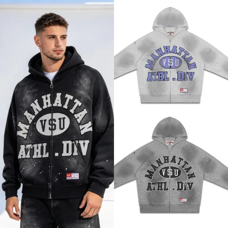 Fall Winter Latest Styles VALLEY Faded Black Zip Hoodie Splash Ink Spot Embroidery Logo Men Oversized Sweatshirt