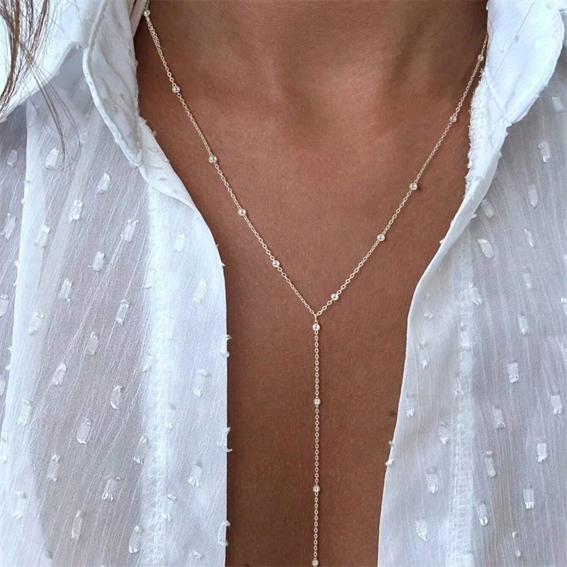 Vintage Gold Color Long Chain Drop Necklaces for Women Simple Metal Geometric Bead Tassel Choker Girls Party Aesthetics Jewelry image 3