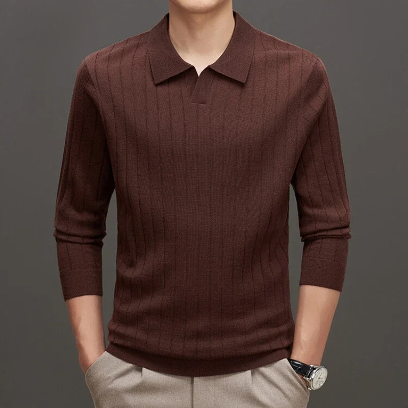 New Thermal Head Cover Sweater Men\'s Business Lapel Knitwear Casual Solid Color Long Sleeve Polo