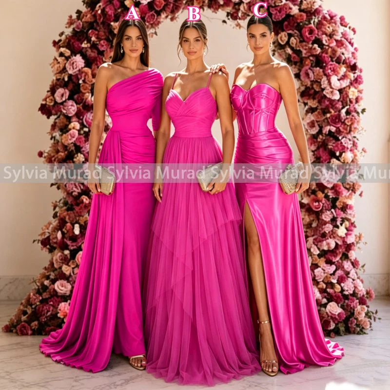 Hot Pink A Line Prom Dresses High Slit Mermaid Long Customized One Shoulder Evening Dress For Women
