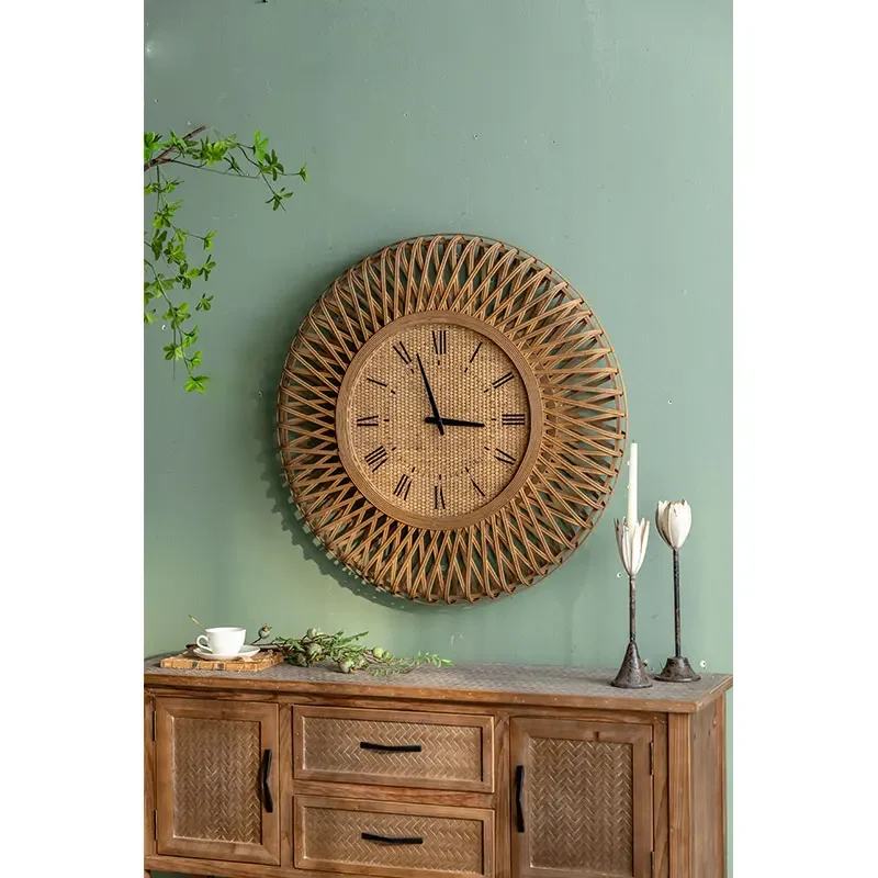 Custom Large Single Face Number Clock Sofa Background Home Decoration Round Crafts Wall Hanging Rattan Wall Clock