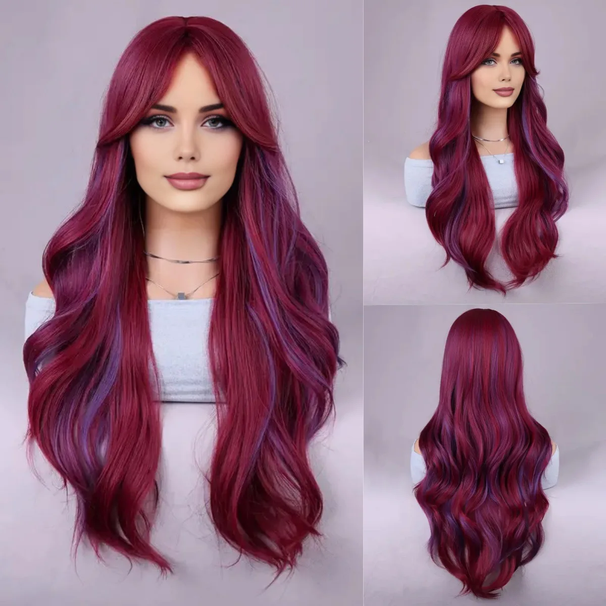 

Wig Ladies Burgundy Highlights Medium Parts Long Curly Hair Big Waves High Temperature Silk Chemical Fiber Full Headgear