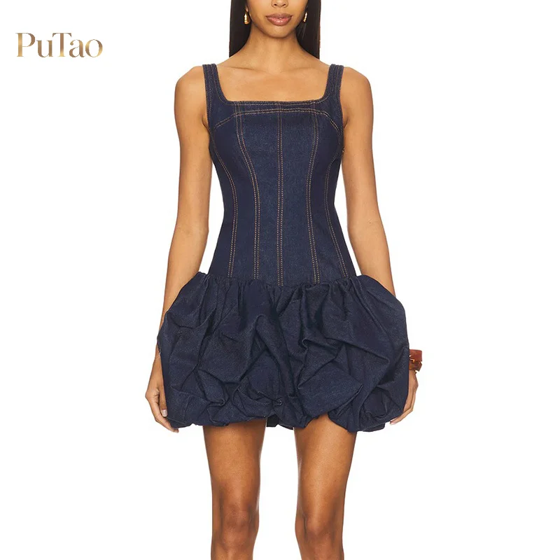 PuTao Y2K Women Denim Mini Dress Square Neck Sleeveless Strap Puffy Ruffle Hem Bodycon Short Dresses Night Club Party Wear