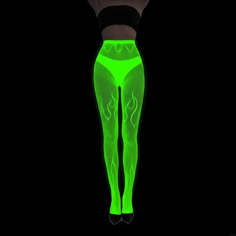 N0PE Mulheres Glow in Dark Fishnet Meia-calça Spiderweb Padrão Meias malha para o Halloween