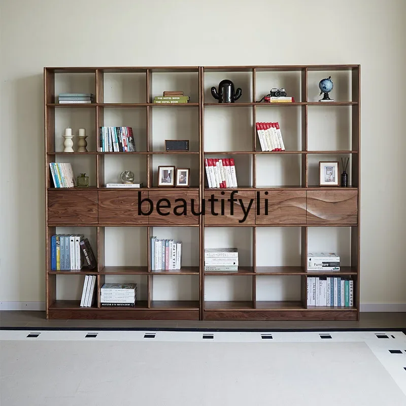 Black walnut bookshelf multi-layer shelf floor-to-ceiling solid wood bookcase