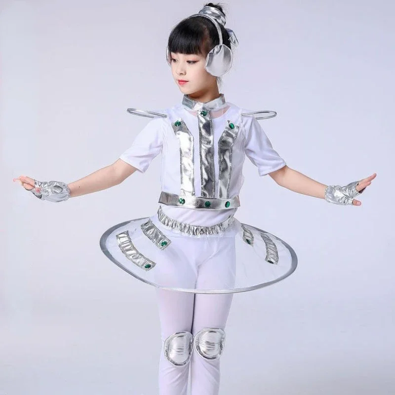 Halloween Robot Costume para Crianças, Performance Astronauta, Palco Espacial, Performance de Dança, Roupas Unisex, Menino, Menina, Branco, Prata