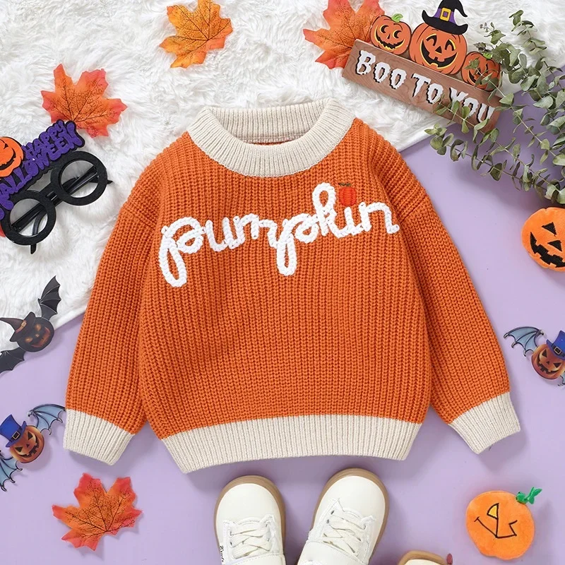 

Halloween Embroidered Pumpkin Children Sweater 0-3Y Unisex Baby Knit Top Autumn Festive Soft Kids Clothes