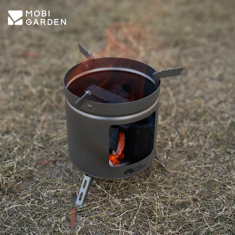 MOBI GARDEN Camping Portable Titanium Firewood Stove 295g Ultralight Mini Brazier Furnace Outdoor Burner BBQ Boil Water Grill