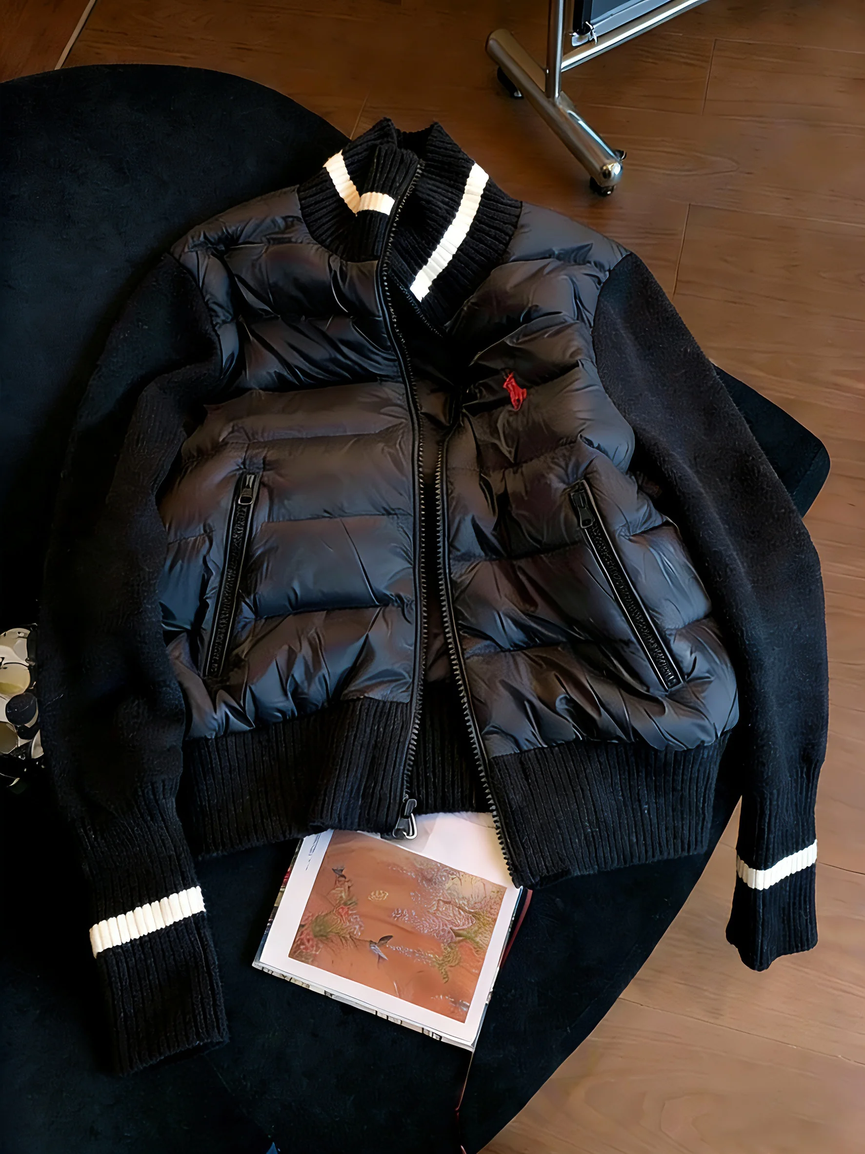 

Черная вязаная хлопковая куртка с воротником-стойкой, утепленная, женская, модная, универсальная, осенне-зимняя, премиум-класса