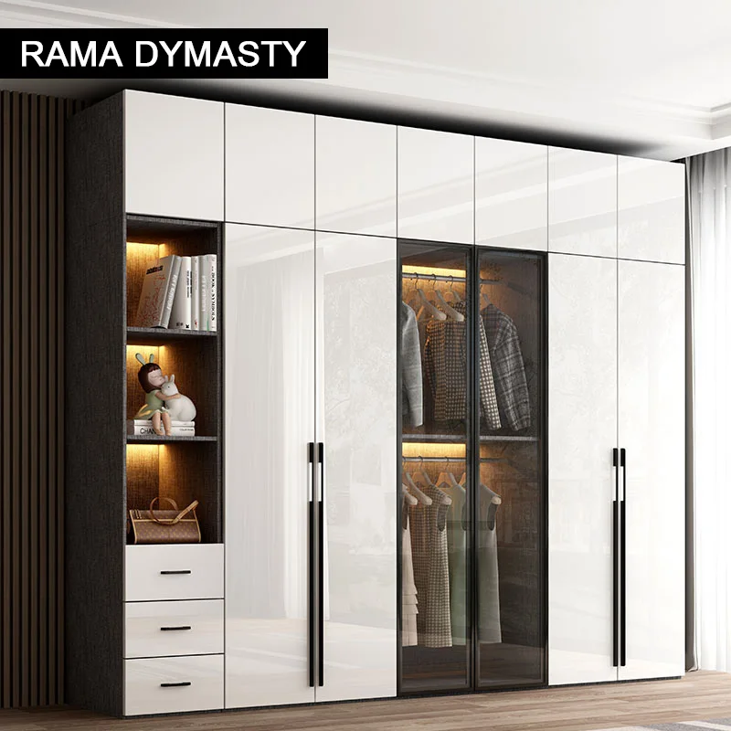 Modern minimalist light luxury high-gloss wardrobe bedroom swing door Nordic large wardrobe locker glass door  closet