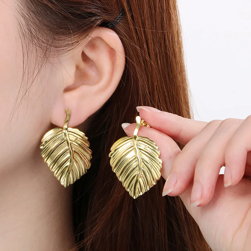 Natural Large Leaf Stainless Steel Earrings For Women Morden Gold Silver Color Leafage Eardrop Wedding Party Jewelry Gifts