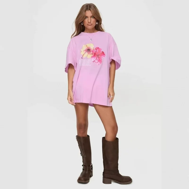 Comoda e traspirante rosa con stampa floreale Casual Princ Polly T-shirt da donna vestibilità ampia rotonda Ne ort Sve Top