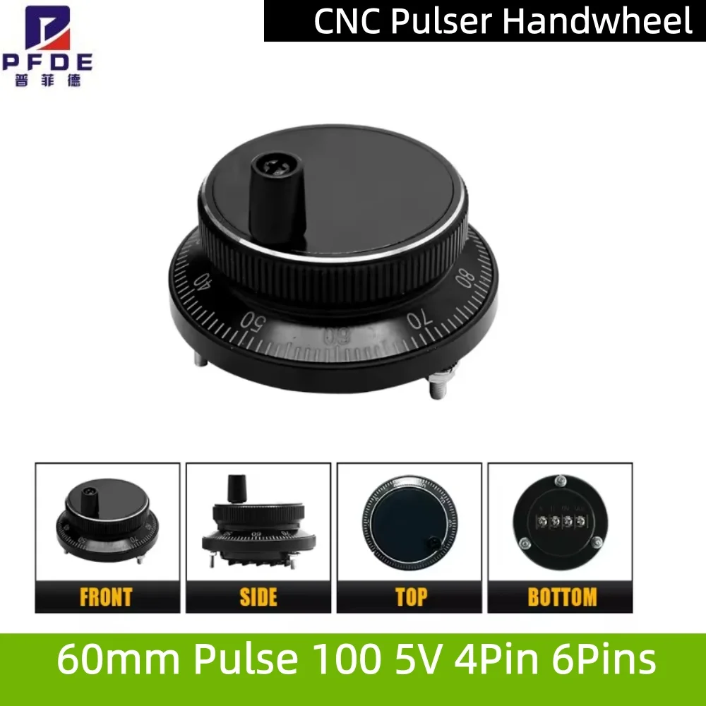 CNC Pulser 60mm Pulse 100 5V 4Pin 6Pins   Handwheel  Manual Pulse Generator Hand Wheel CNC Machine Rotary Encoder blacK