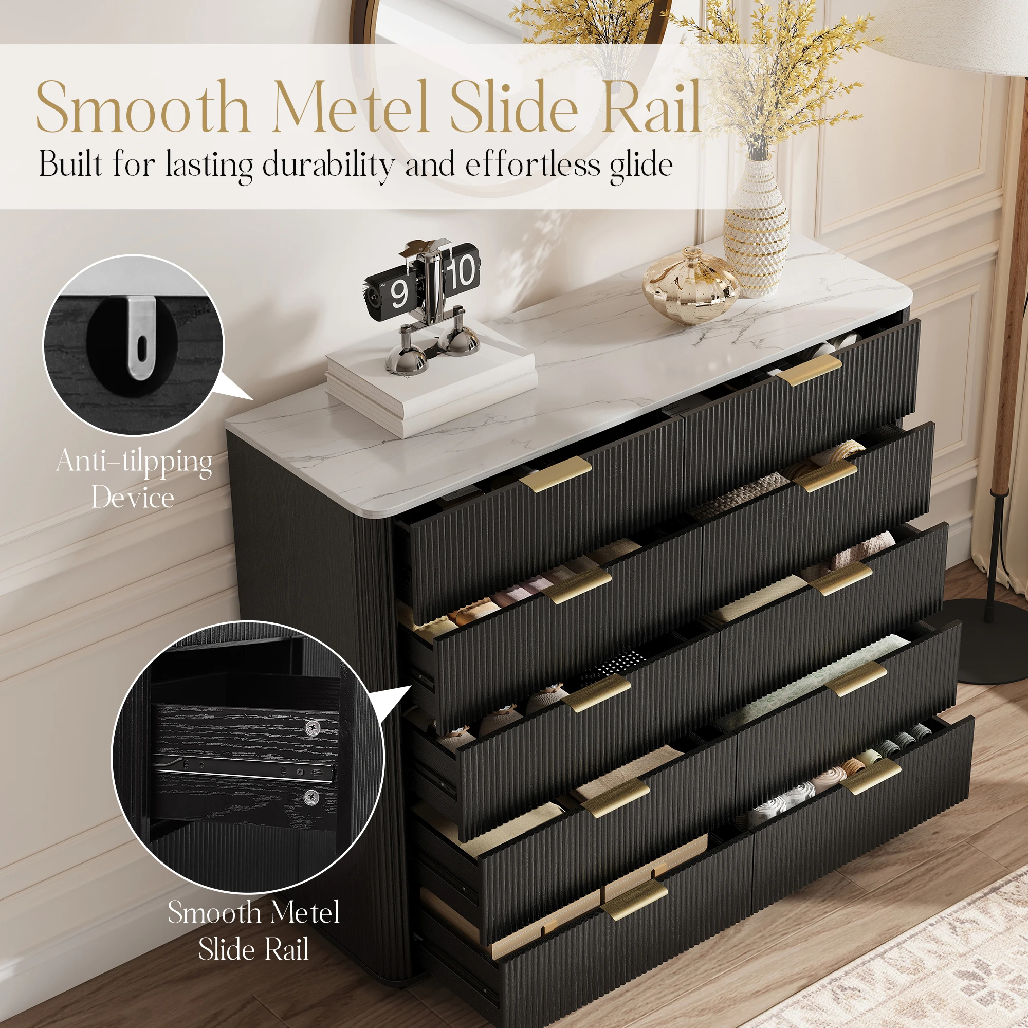 خزانة مخددة 39.3 بوصة مع خزانة طويلة للتخزين لغرفة النوم 10 أدراج خزانة مزرعة منتصف القرن لغرفة المعيشة وغرفة النوم