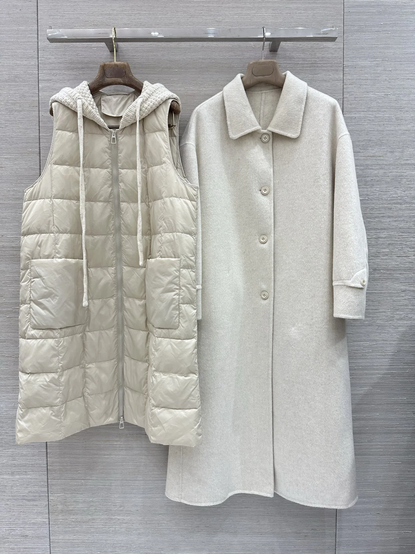 Detachable Hooded Down Vest Elegant Lapel Solid Color Loose Long Overcoat Two Piece Set