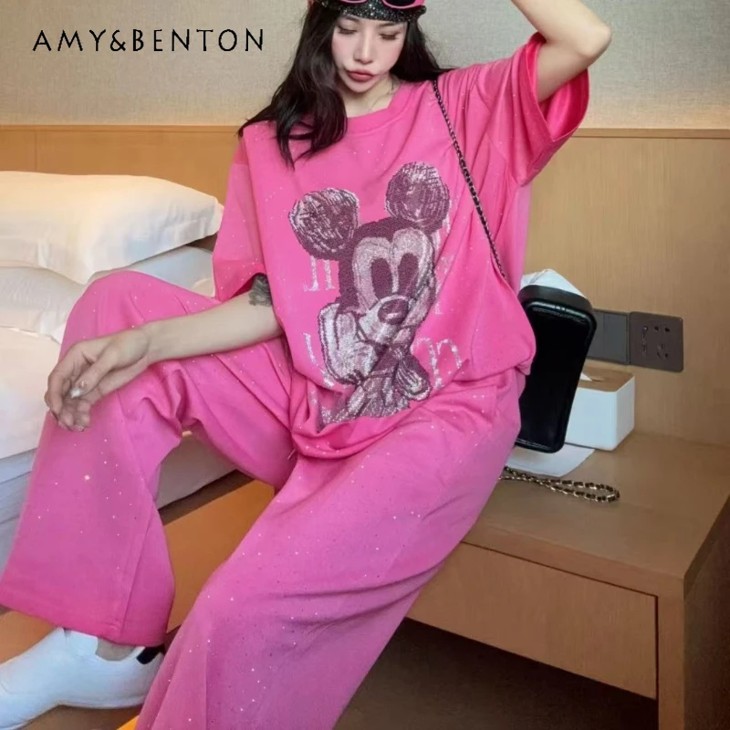 

American Style 2026 New Style Full-print Cartoon O-neck Top Tees Outfits Women's Long Trousers T-shirt Casual Pants 2-piece Set