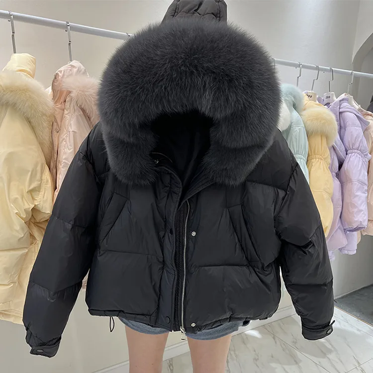 Korean short down jacket with real fox fur collar 2024 new fashionable loose winter thick white duck down jacket