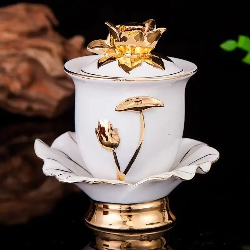 Gold Buddha Set with Incense Burner Lotus Cup Water Bottle And Lotus Plate - Buddhist Supplies for Home Decor And Ornaments