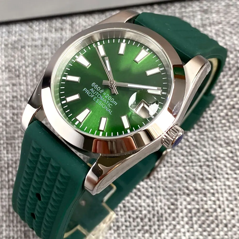 NH35 200m Waterproof Tandorio 36mm Polish Steel Automatic Watch Men Day Date DJ Hand Sapphire Cyclop Waffle Green Lume Rejor