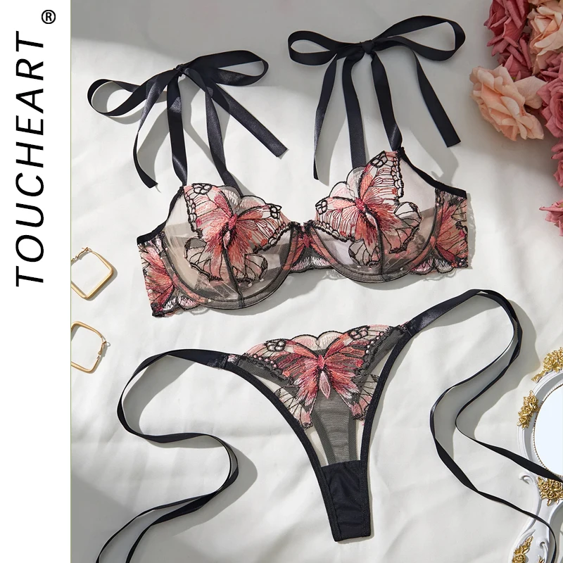 Toucheart Sexy Butterfly Embroidered Suspender Underwear For Women Transparent Mesh Temptation Bow Knot Lace Up Sexy Bra Set New