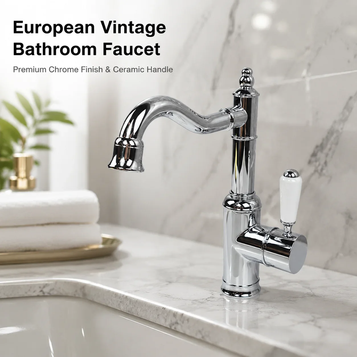 European style bright chrome brass basin faucet, white ceramic handle, 360 ° rotatable spout, bathroom sink, hot and cold hand w