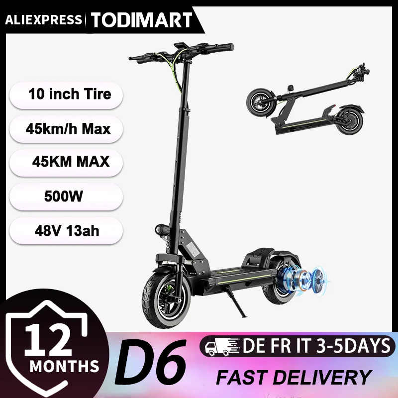 Trottinette électrique adulte TODIMART D6 500W 48V 13AH Vitesse maximale 45KM/H Pneus tout-terrain de 10 pouces Système de suspension double Escooter sportif