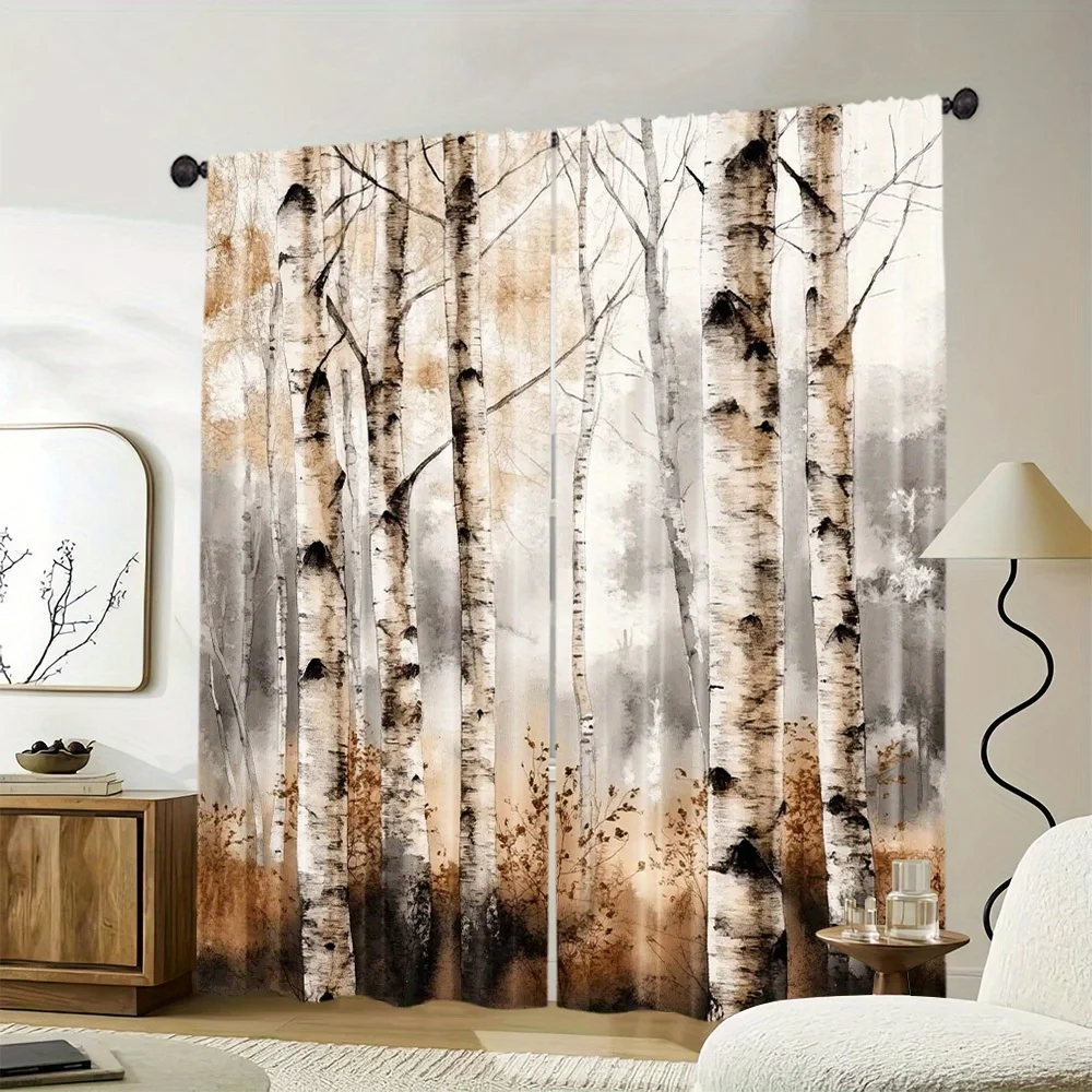 birch tree forest blackout curtain for bedroom living room privacy and decor nature style polyester fabric Without curtain rod