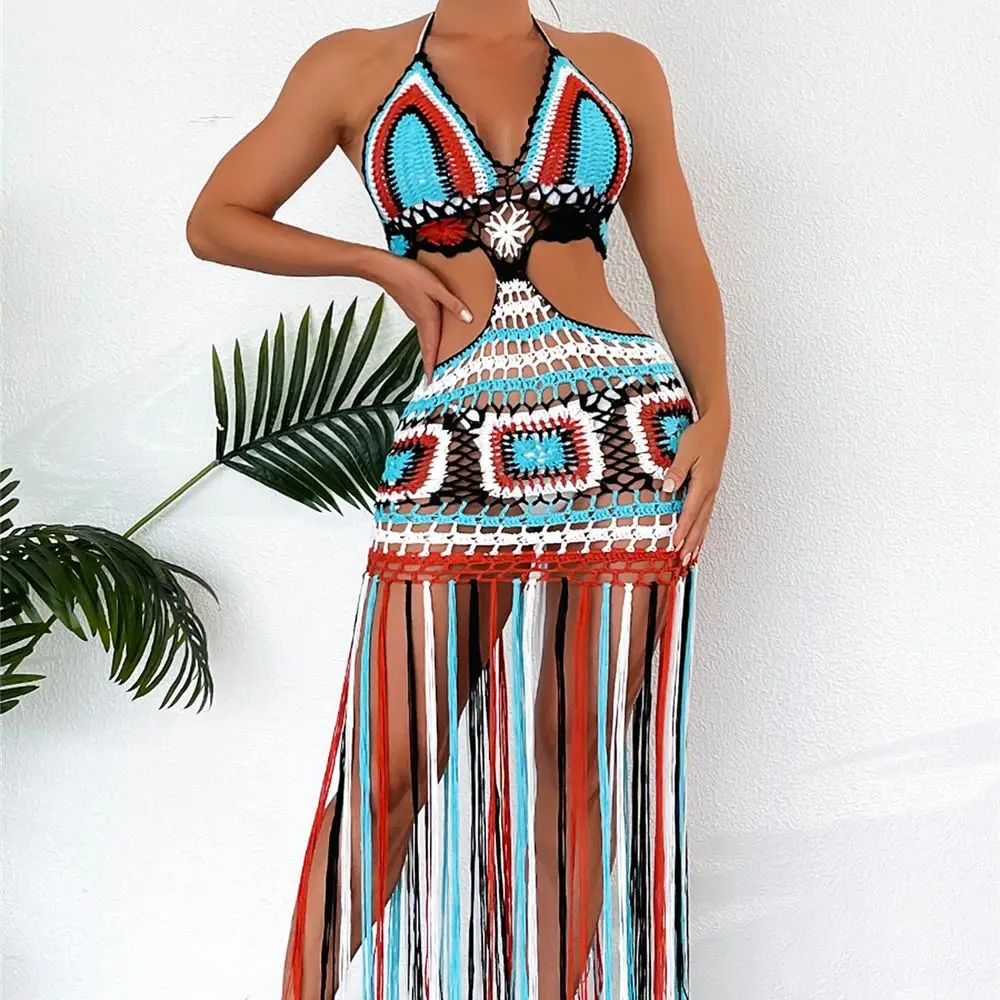 Mulheres Crochet profundo gola V Crochet maiô, Tassel Bikini, Vestido de malha, Beachwear sem encosto, Banho Swimwear, Cor binária