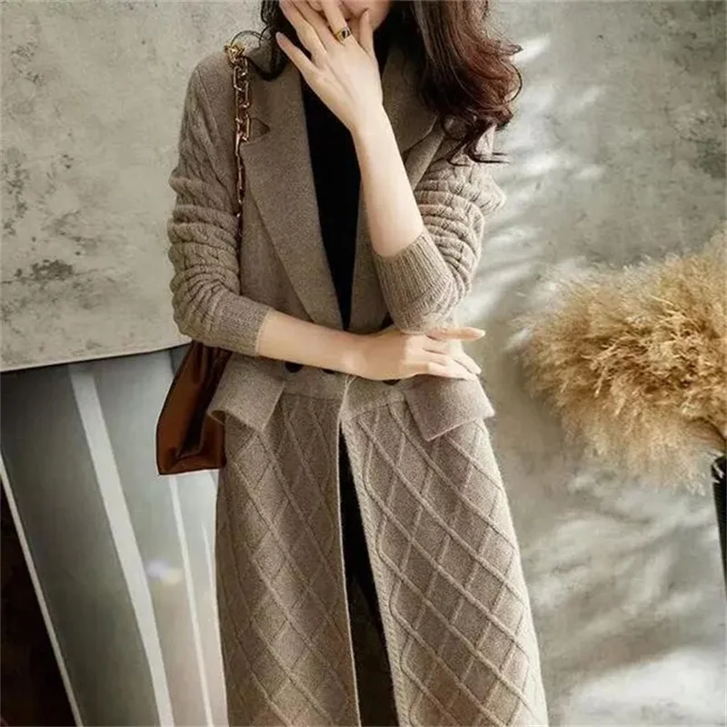 Autumn Winter New Wool Sweater Coat Women Long Knitted Cardigan Jacket Korean Lapel Style Temperament Solid Sweater Windbreaker