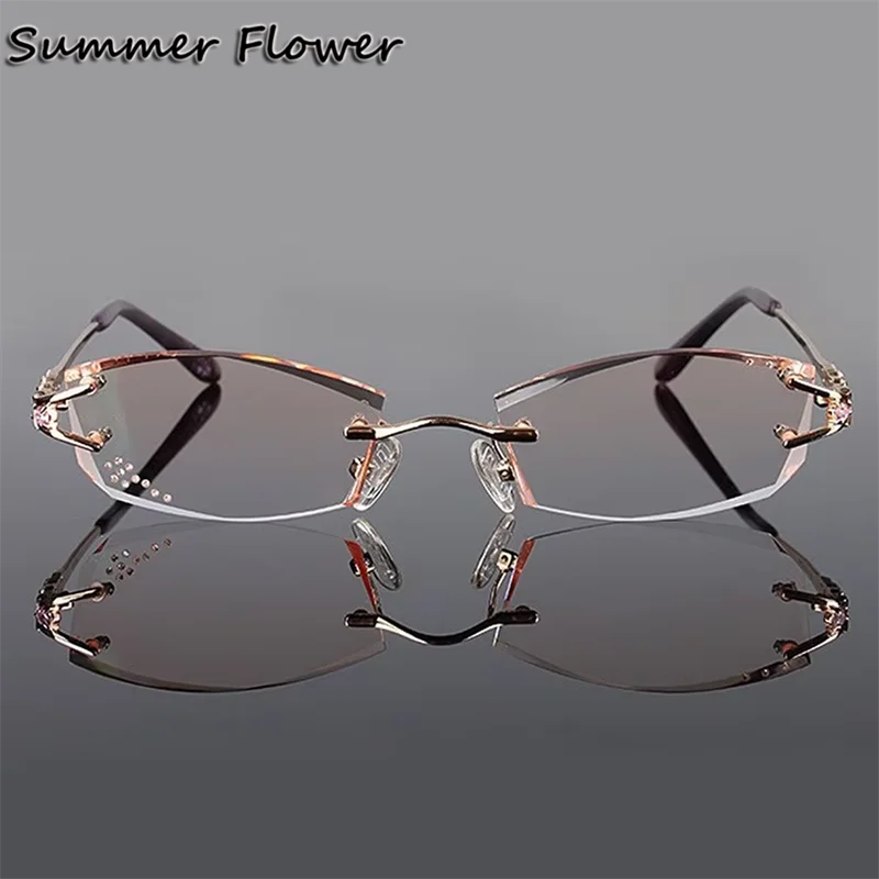 

Gradient Tint Color Eyeglasses Diamond Trimmed Rimless Glasses Titanium Fashion Lady Eyeglasses Spectacle Frames Women