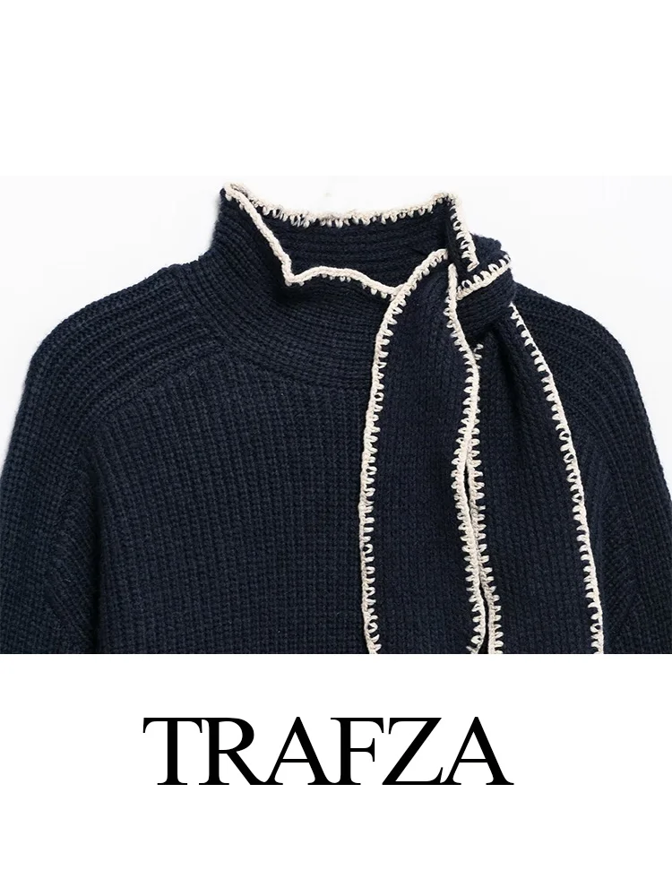 TRAFZA Vrouwen Casual Gebreide Tops Effen Halfhoge Kraag Boog Decoratie Lange Mouwen Truien Lente Vrouwelijke Mode Trui Tops