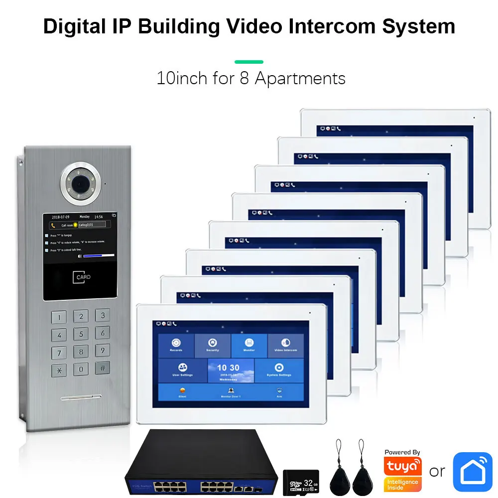 Tuya-sistema de videoportero inteligente Digital IP para 8 apartamentos, Monitor táctil de 7-10 pulgadas con tarjeta IC, desbloqueo de teclado Digital