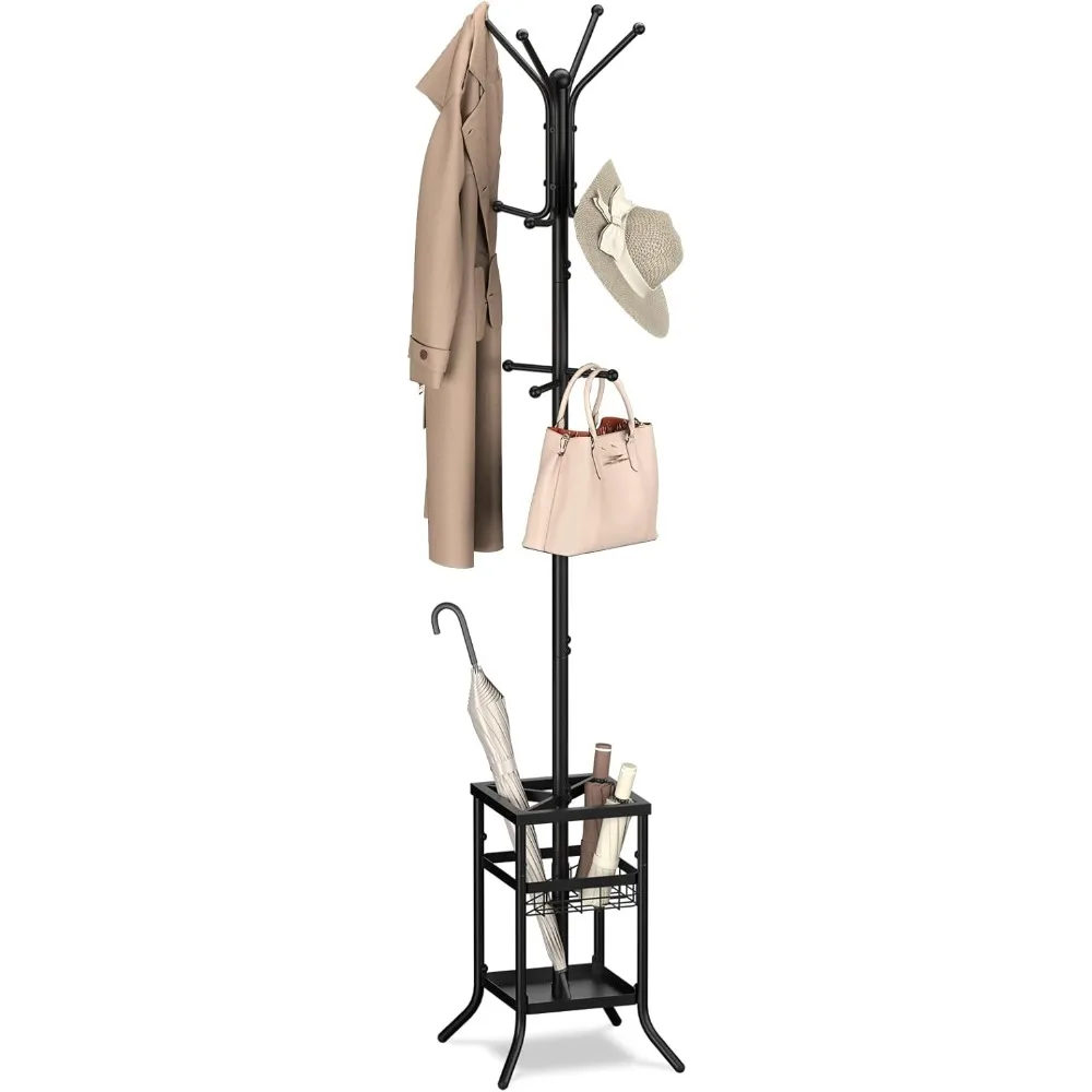 Coat Rack Freestanding,Coat Tree with Umbrella Holder, Metal Coat Rack Stand with 12 Hooks,Modern Coat Hanger Stand for Entryway