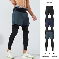 Men 2 in 1 Marathon Running Training Compression Pants Quick Dry Tights Sports Leggings Fitness Male With Waist Belt Bag Pocket