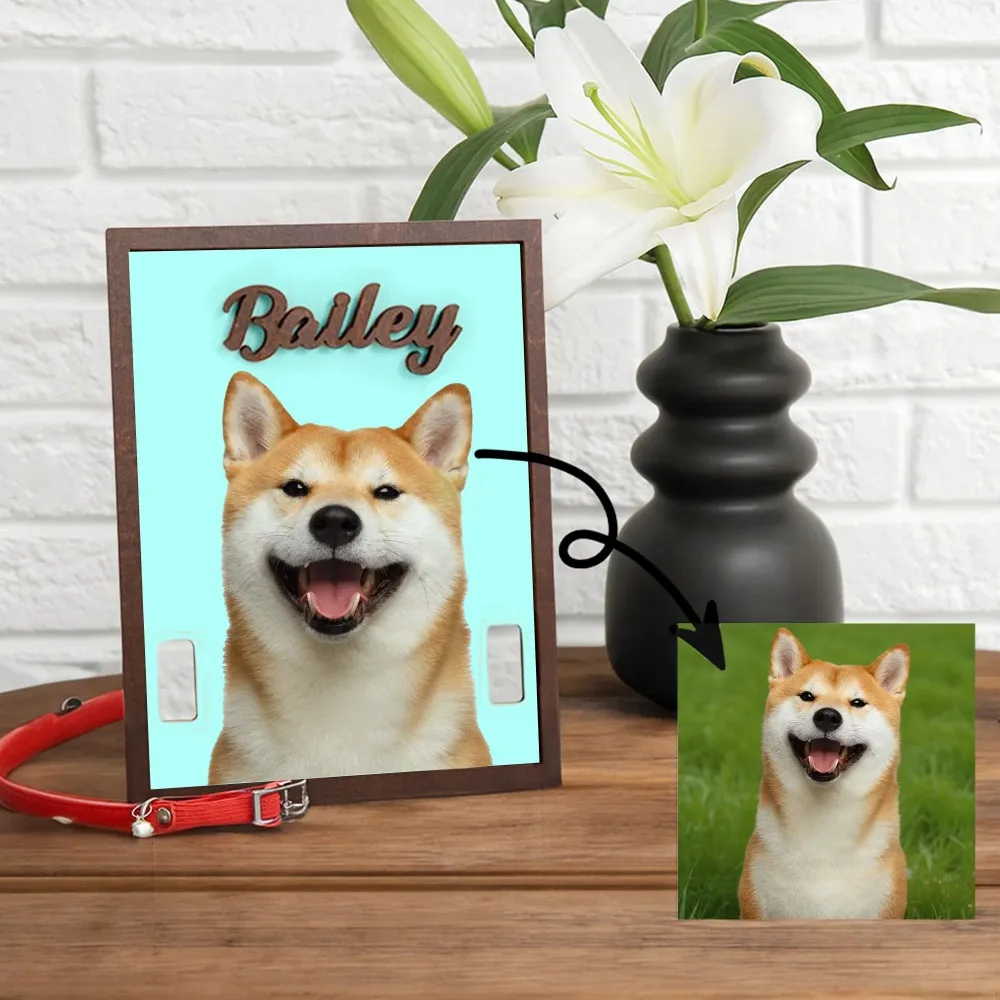 Personalized Colorful Pet Photo Wooden Collar Frame with Name Engraved Ideal Desktop Nightstand Or Display Shelf Decoration