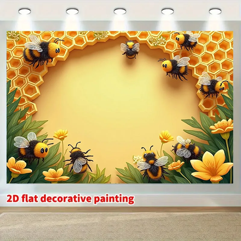 2D-Dekorationsbanner mit niedlichem Bienenstock-Blumenmotiv, 1 Stück – Senfgelb-grüner, leichter Hintergrundstoff