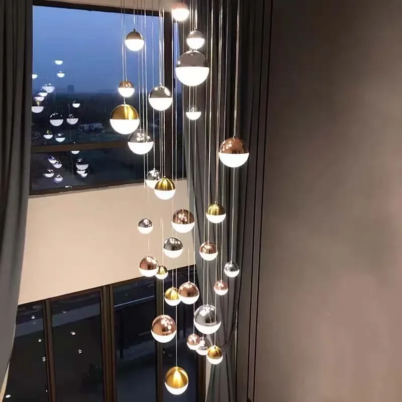 

Modern Crystal Ball LED Chandelier For Staircase Minimalism Round Stair Hanging Lamp Simple Design Indoor Attic Lighting Fixture