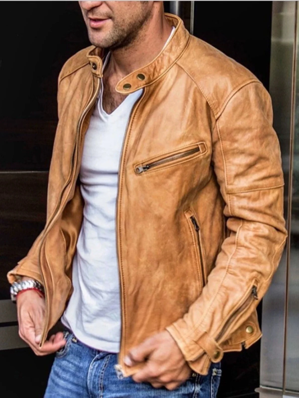 

Men's Stand Collar Leather Jaet Bomber Motorcycle Biker Coat Faion Urban Sle Zipper Casual Autumn American Leisure Pure...