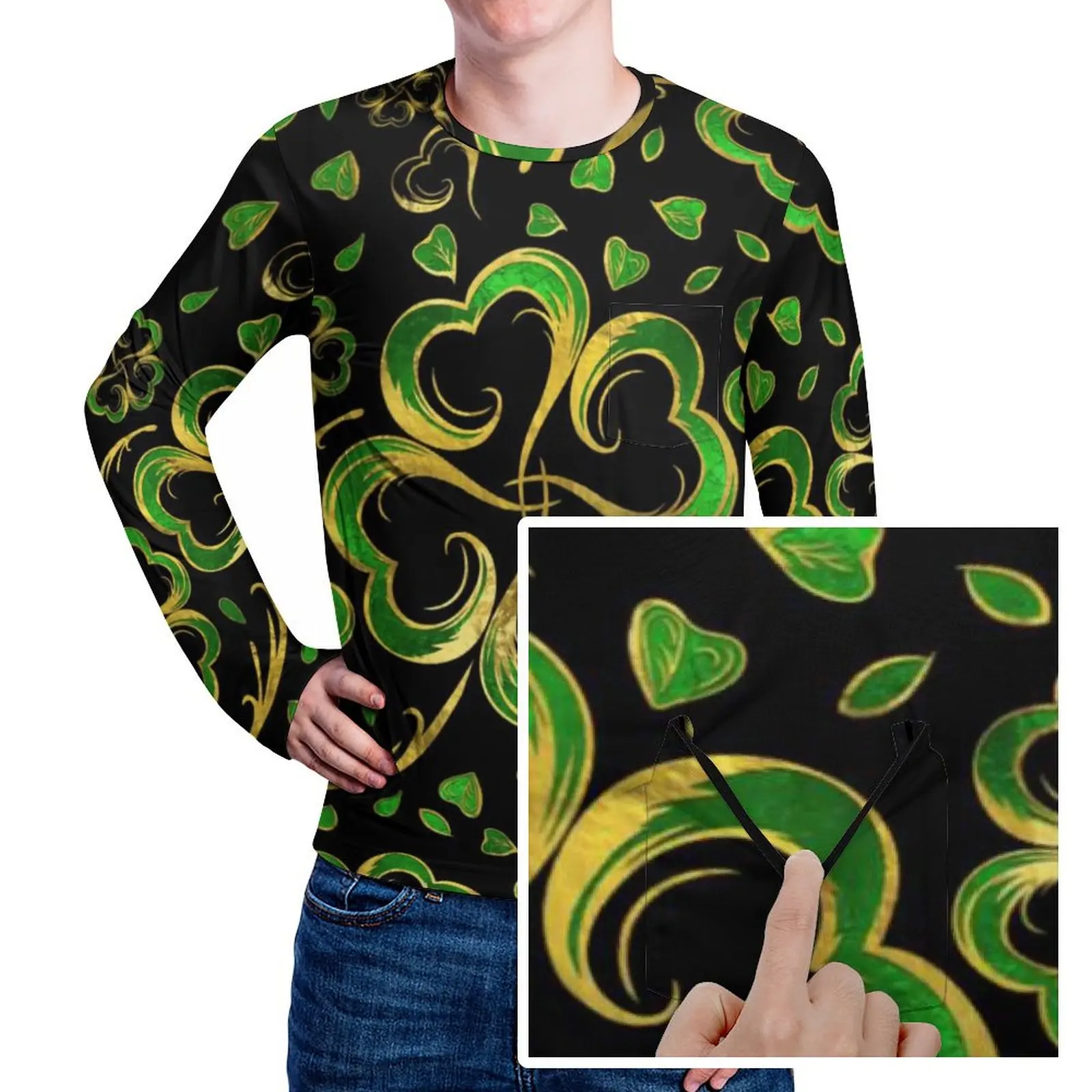 Irish Shamrock Four Leaf T-Shirt Pocket Lucky St Patricks Day Novelty T Shirts Men Streetwear Tee Shirt Long Sleeve Design Top