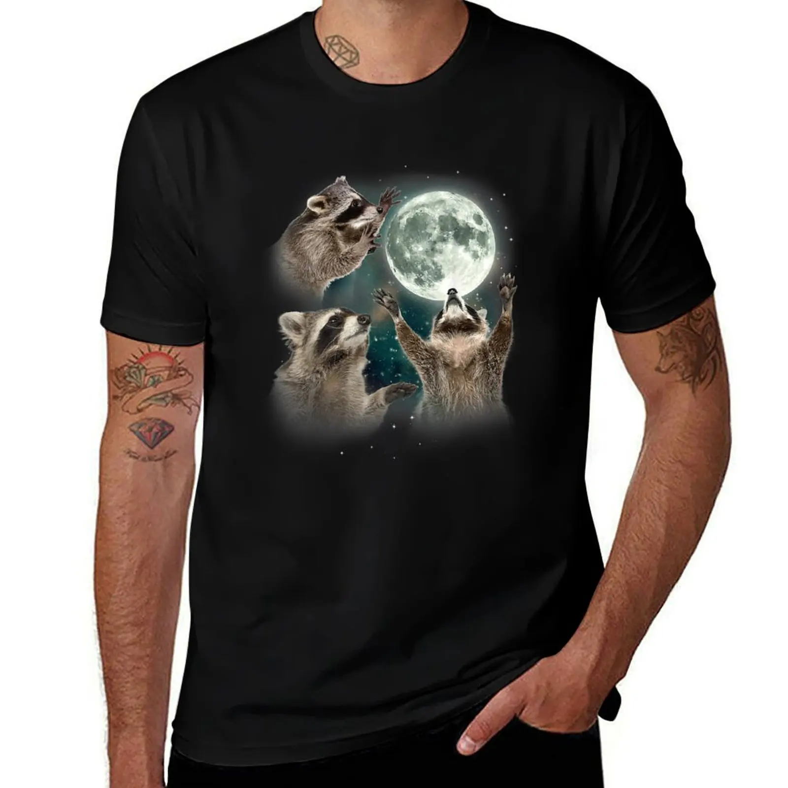 Three Racoons Howling Funny T-Shirt Work Utility Short Sleeve Shirt T-Shirt