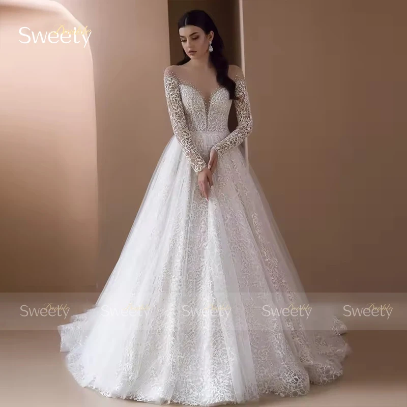 Abito da sposa elegante con perline in organza con ricamo Abito da ballo a trapezio O-Collo Abito da sposa a maniche lunghe Vestido De Novia personalizzato ﻿